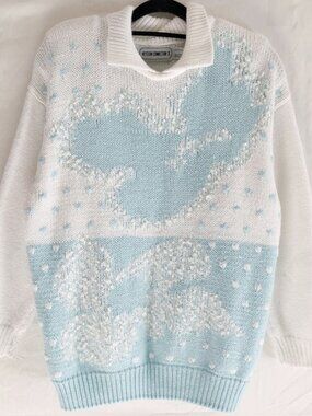 Vintage 80s Aqua White Polo Collar Sweater